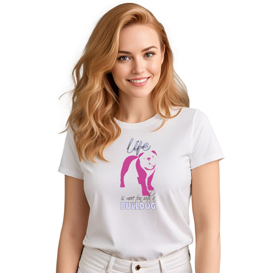 White crew neck short sleeved t-shirt. Featuring an adorable Bulldog silhouette in cute pink, the tee also boasts a bold "Life" message and empowering "is more fun with a Golden" phrase. Female model shown in close-up to highlight print and fit.