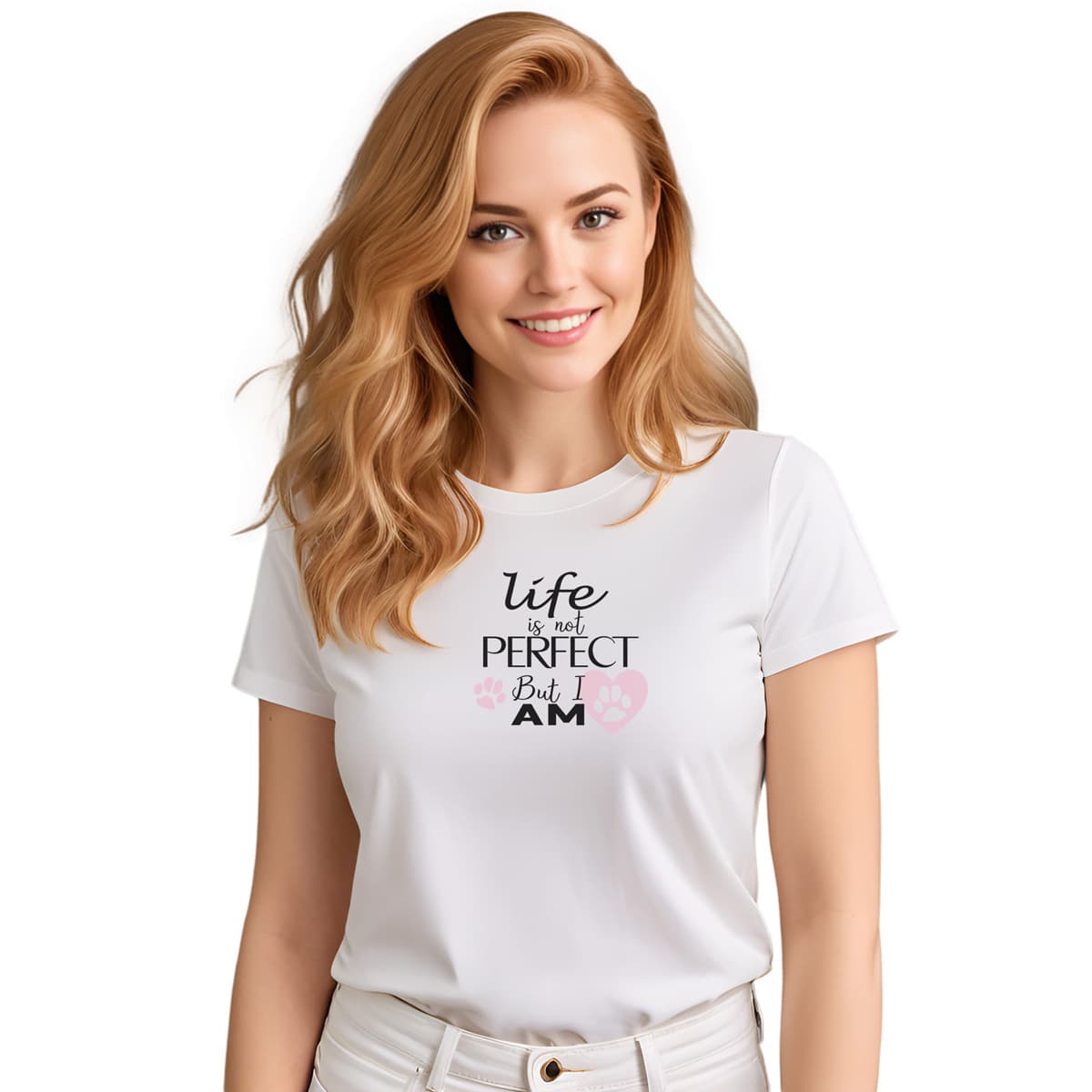 White crew neck short sleeved t-shirt, feature a fun statement, quote with a twist ”life is not perfect but I am”. Female model shown in close-up to highlight print and fit.

