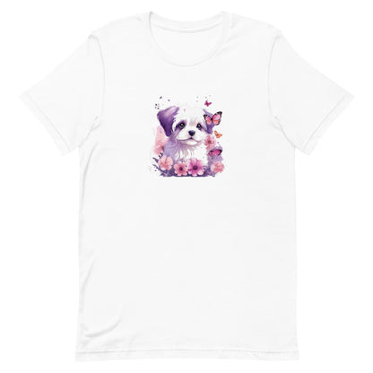 White crew neck short sleeved t-shirt, features a cute Maltese puppy face, nestle in floral colorful garden.