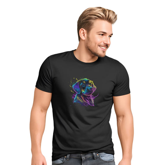 Black unisex crew neck short sleeved t-shirt, showcasing a cute Labrador dog face in vibrant neon-hued palette. Male model shown in close-up to highlight print and fit.