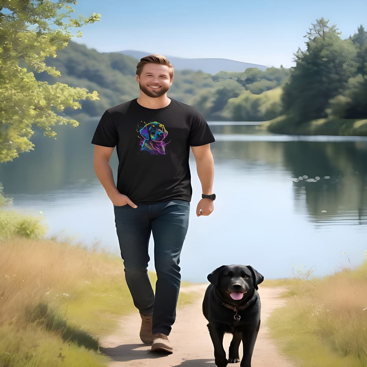 Man walking a black dog along a path by a lake with greenery in the background.He is wearing a Black unisex crew neck short sleeved t-shirt, showcasing a cute Labrador dog face in vibrant neon-hued palette. 