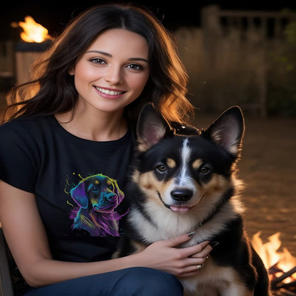 Women sitting at a fireplace, with a dog. she is wearing a Black unisex crew neck short sleeved t-shirt, showcasing a cute Labrador dog face in vibrant neon-hued palette. 