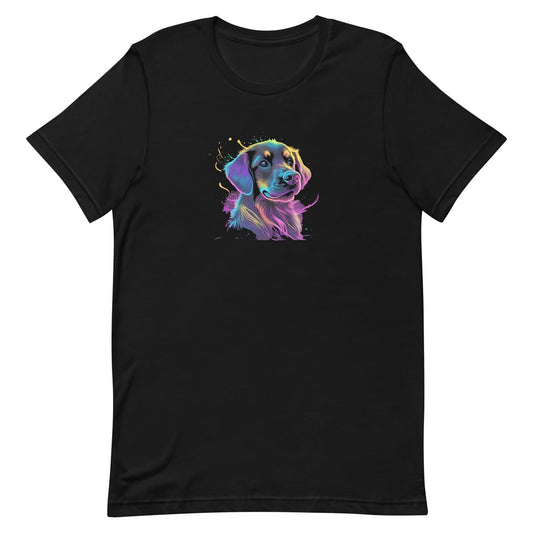 Black unisex crew neck short sleeved t-shirt, showcasing a cute Labrador dog face in vibrant neon-hued palette.