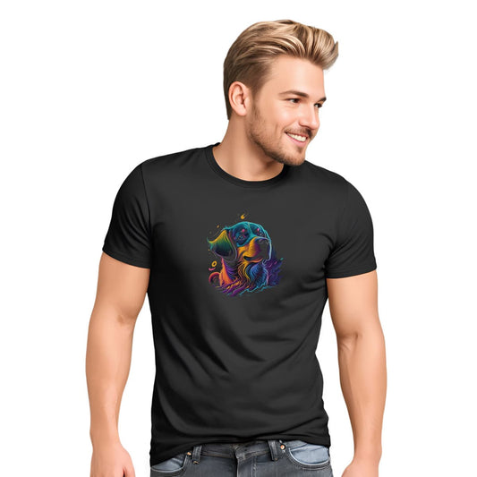 Black unisex crew neck short sleeved t-shirt, feature a cute Labrador dog face in neon vibrant hues. Male model shown in close-up to highlight print and fit.
