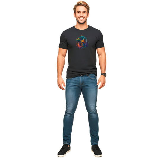 Black unisex crew neck short sleeved t-shirt, feature a cute Labrador dog face in neon vibrant hues.  Male model shown in close-up to highlight print and fit.