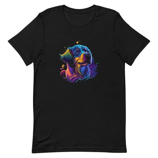 Black unisex crew neck short sleeved t-shirt, feature a cute Labrador dog face in neon vibrant hues.  