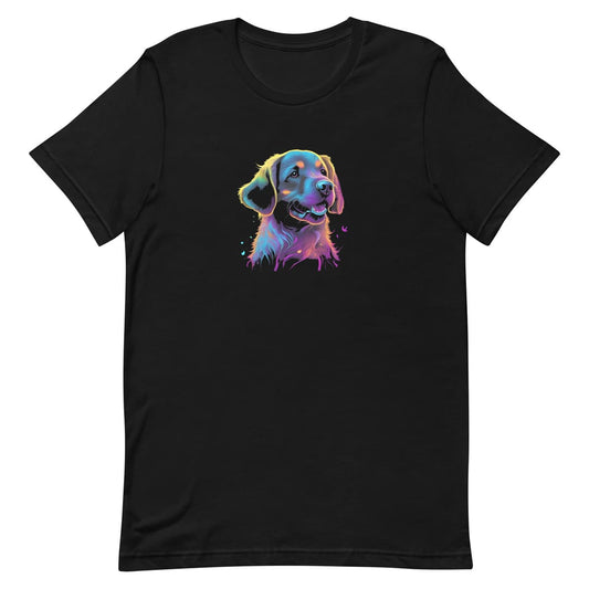 Black unisex crew neck short sleeved t-shirt, Feature a cute Golden Retriever dog face in vibrant neon palette.