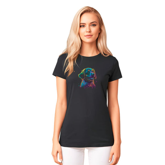 Black unisex crew neck short sleeved t-shirt, Feature a cute Golden Retriever dog face in vibrant neon palette. Female model shown in close-up to highlight print and fit.

