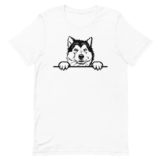 White crew neck short sleeved t-shirt. Showcase an adorable black/white hand-drawn graphic Malamute dog face resting on a table.