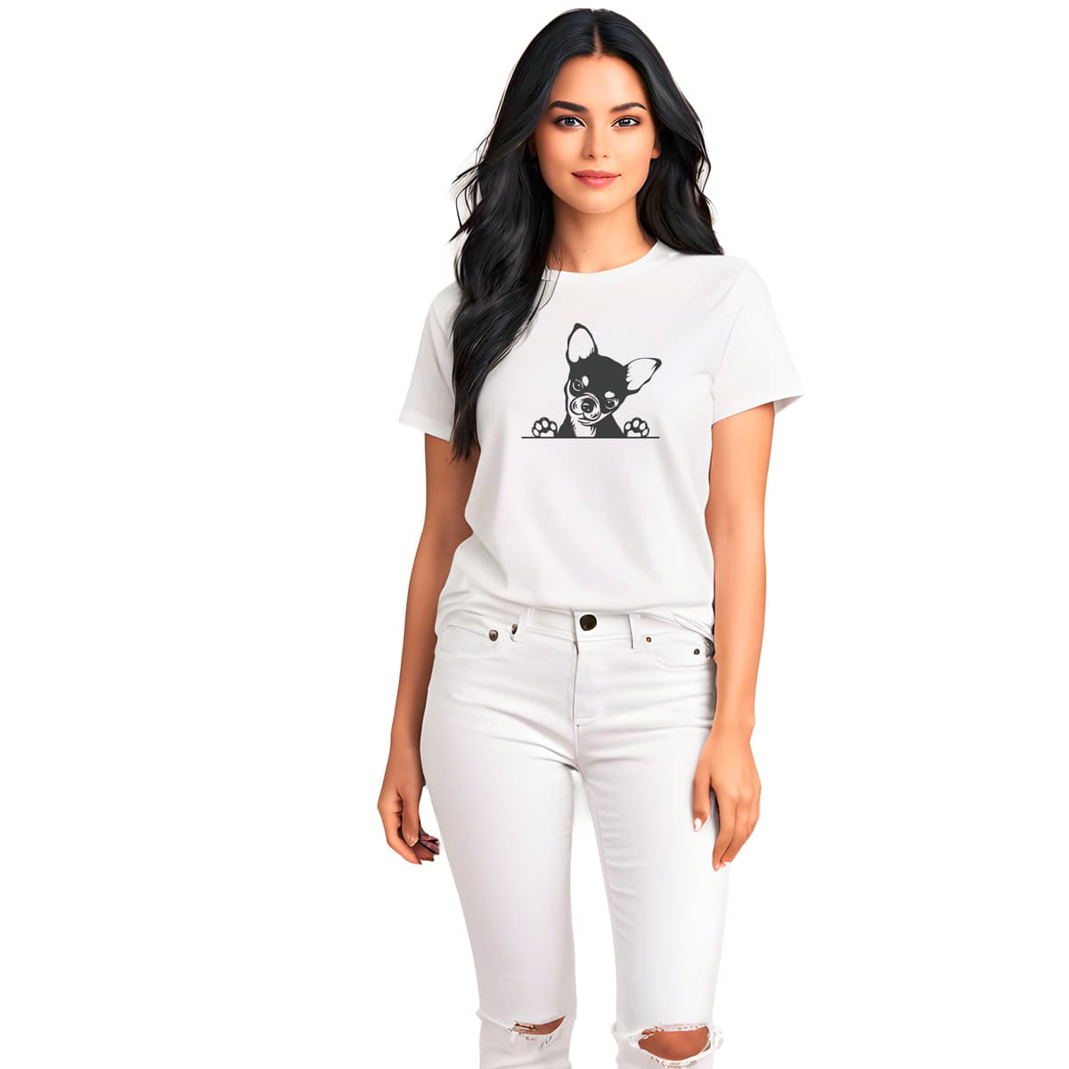 White crew neck short sleeved t-shirt. Feature a charming black and white one-line hand drawn graphic of a an adorable Chihuahua puppy resting its paws on a table. Female model shown in close-up to highlight print and fit.