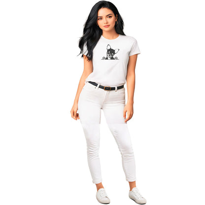 White crew neck short sleeved t-shirt. Feature a charming black and white one-line hand drawn graphic of a an adorable Chihuahua puppy resting its paws on a table. Female model shown in close-up to highlight print and fit.