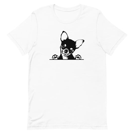 White crew neck short sleeved t-shirt. Feature a charming black and white one-line hand drawn graphic of a an adorable Chihuahua puppy resting its paws on a table.