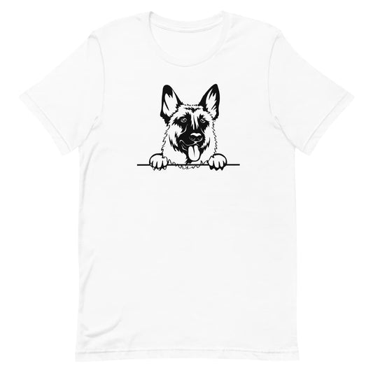 White crew neck short sleeved t-shirt, featuring a cute black and white one-line hand-drawn graphic of a German Shepherd dog face placing its paws on the table. 