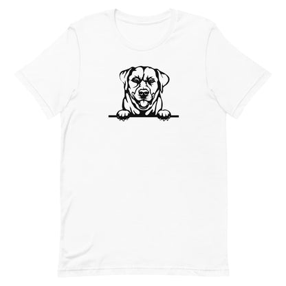 White crew neck short sleeved t-shirt. Features a cute black and white hand-drawn graphic of a Labrador dog with paws on the table. 