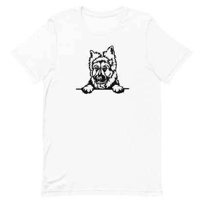 White crew neck short sleeved t-shirt. Featuring a black and white one-line adorable German Shepherd puppy dog face, resting its paws on a table.