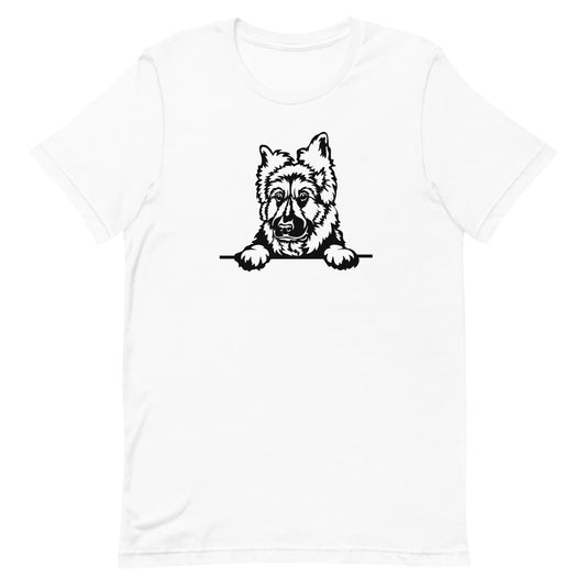 White crew neck short sleeved t-shirt. Featuring a black and white one-line adorable German Shepherd puppy dog face, resting its paws on a table.