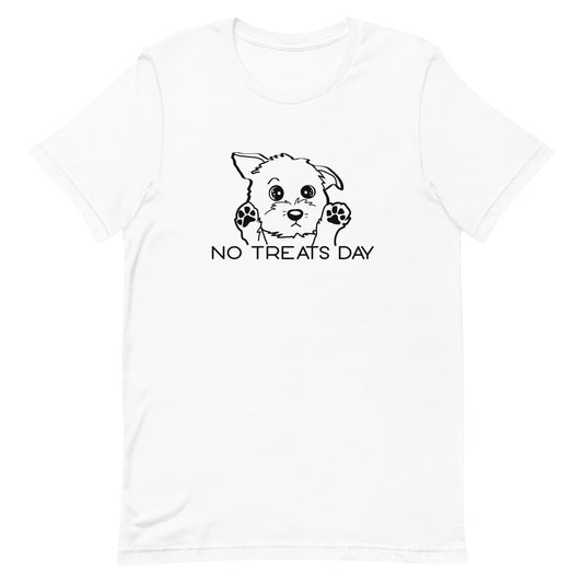 White crew neck short sleeved t-shirt, feature a cute sour Maltese puppy face with paws up, with the graphic "no treats day" graphic text.