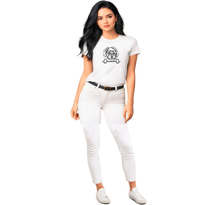 White crew neck short sleeved t-shirt. Feature a charming black and white one-line graphic of a Maltese dog face with paws on the table, and a playful "no Peeking" scheme. Female model shown in close-up to highlight print and fit.
