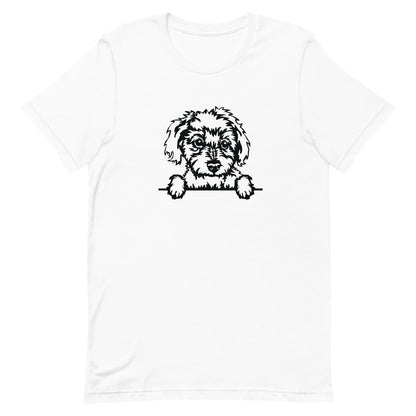 White crew neck short sleeved t-shirt. Feature a charming black and white one-line graphic of a Maltese dog face with paws on the table, and a playful "no Peeking" scheme.