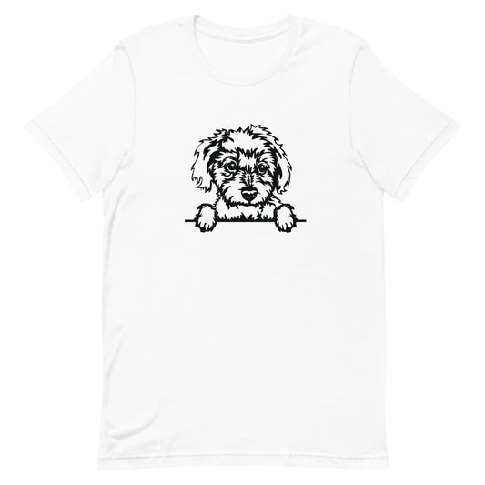White crew neck short sleeved t-shirt. Feature a charming black and white one-line graphic of a Maltese dog face with paws on the table, and a playful "no Peeking" scheme.
