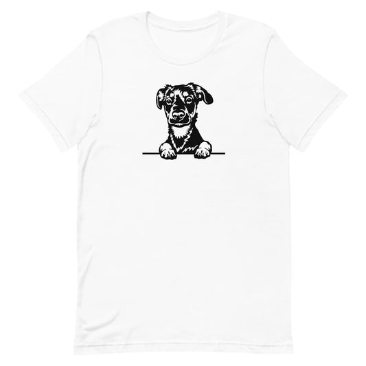 White crew neck short sleeved t-shirt. Featuring a black and white hand-drawn one-line graphic adorable Rottweiler puppy dog face, resting its paws on a table. 