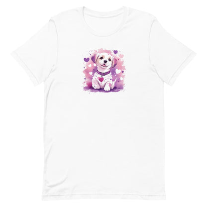 White crew neck short sleeved t-shirt. Feature an adorable puppy, bursting of vibrant purples and pinks, a artistry wearable work of art.