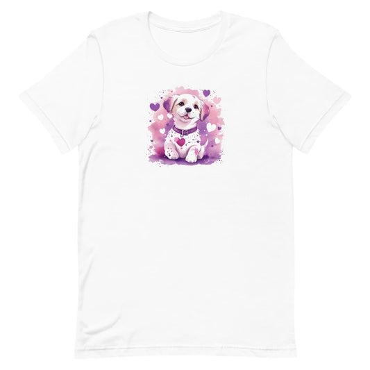 White crew neck short sleeved t-shirt. Feature an adorable puppy, bursting of vibrant purples and pinks, a artistry wearable work of art.