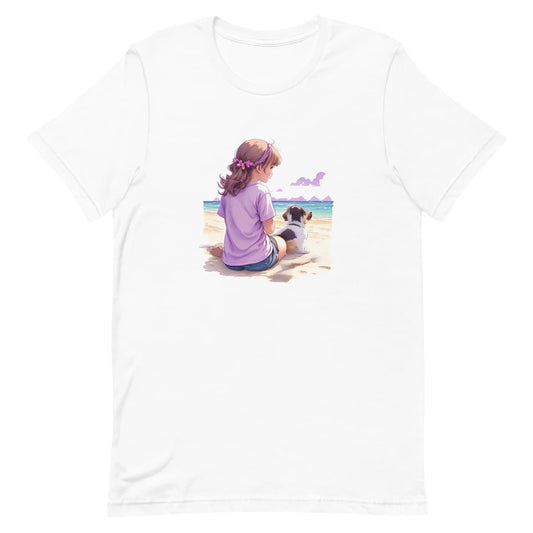 White crew neck short sleeved t-shirt ,feature a watercolor hand-drawn illustration of a girl and her adorable puppy, frolicking on a beach vista against an ocean backdrop.