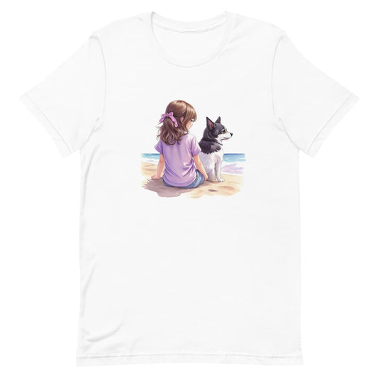 White crew neck short sleeved t-shirt wearable art, showcases a lively hand-drawn watercolor effect. Feature girl - dog bond, white relaxing at the beach, enjoying the vistas. 