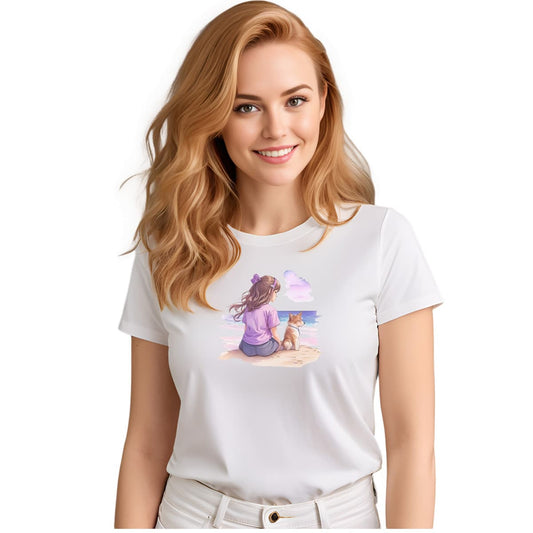 White crew neck short sleeved t-shirt, featuring a vivid hand-drawn puppy and a girl sharing a moment on a beach, surrounded by dark reds, purples, and pinks on a pristine white background. Female model shown in close-up to highlight print and fit.