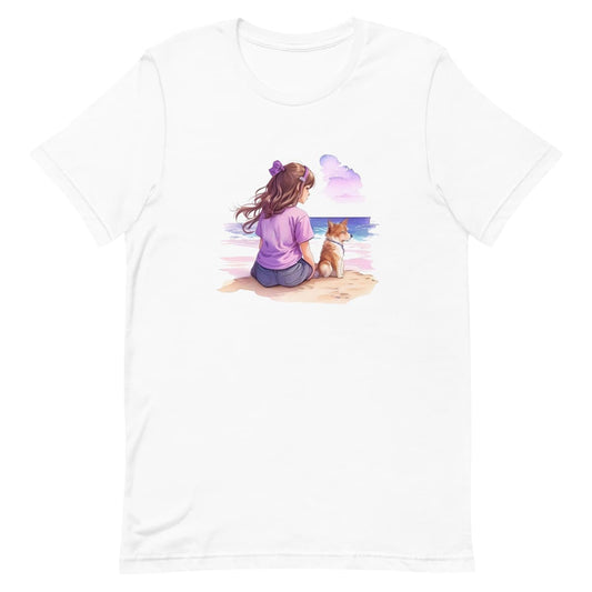 
White crew neck short sleeved t-shirt, featuring a vivid hand-drawn puppy and a girl sharing a moment on a beach, surrounded by dark reds, purples, and pinks on a pristine white background