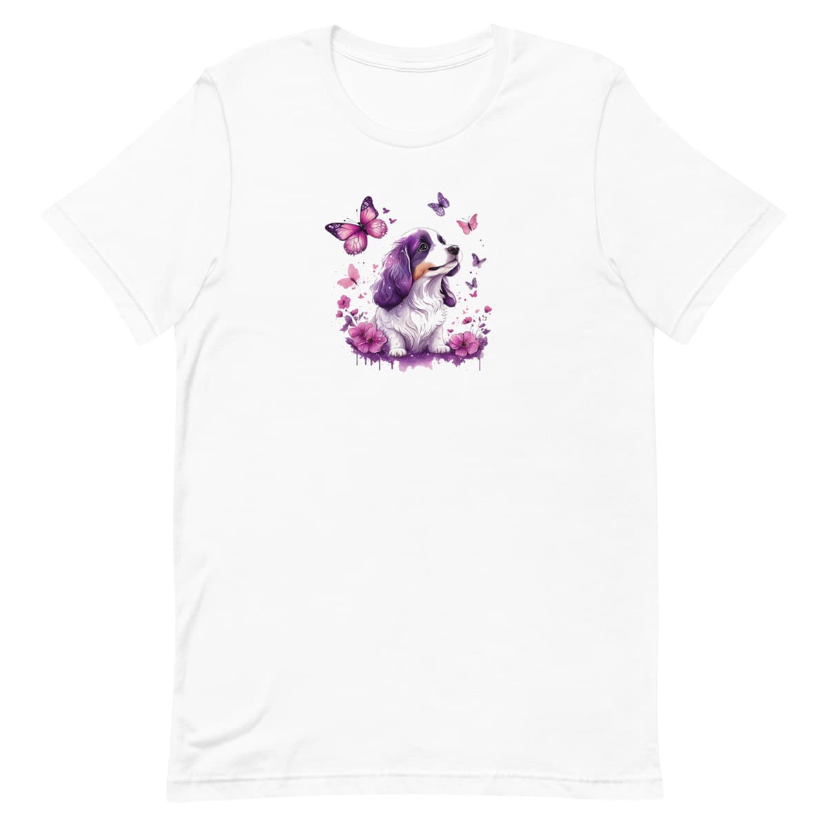 White crew neck short sleeved t-shirt, features a vivacious pup nestled amidst a blossoming floral wonderland in a quaint wicker basket.