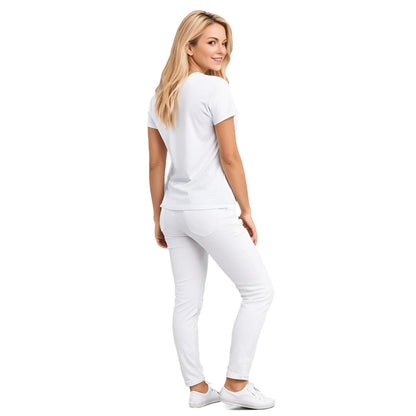 Female model shown back side of a white, crew neck short sleeved t-shirt