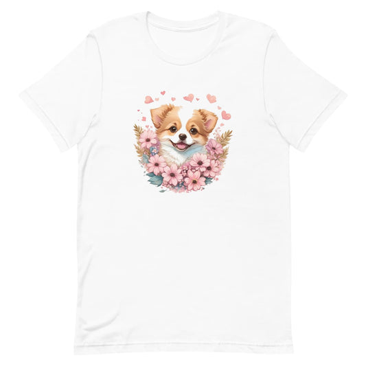 White crew neck short sleeved t-shirt, showcases a playful shepherd pup amidst a resplendent floral fiesta in a charming wicker basket.