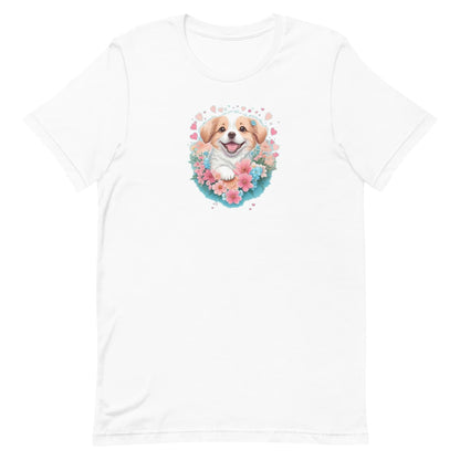 White crew neck short sleeved t-shirt, feature an intricate colorful hand-drawn lively shepherd puppy amidst a blooming wicker floral basket garden. Female model shown in close-up to highlight print and fit.
