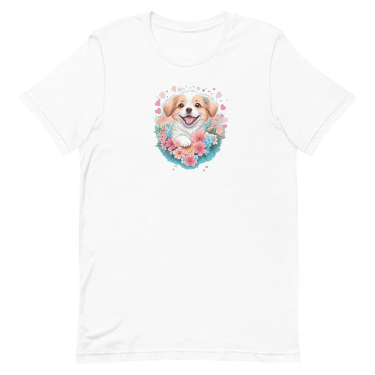 White crew neck short sleeved t-shirt, feature an intricate colorful hand-drawn lively shepherd puppy amidst a blooming wicker floral basket garden. Female model shown in close-up to highlight print and fit.
