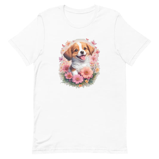 White crew neck short sleeved t-shirt, feature an adorable Shep puppy, nestled within a wicker basket brimming with a vibrant floral symphony and playful butterflies.