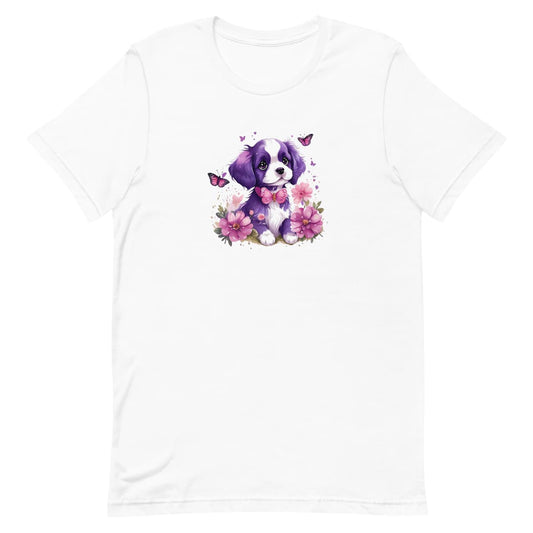 White crew neck short sleeved t-shirt, Showcases a cute puppy nestled amidst a wicker-basket bouquet, surrounded by blossoms and butterflies. 