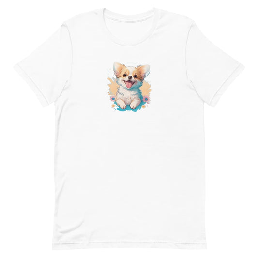 White crew neck short sleeved t-shirt, feature a vibrant colorful cute corgi puppy, happy face in a splash of flowers. 