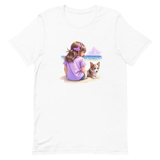 White crew neck short sleeved t-shirt, featuring a lively print of a cute puppy and a girl basking in beach-side bliss. 