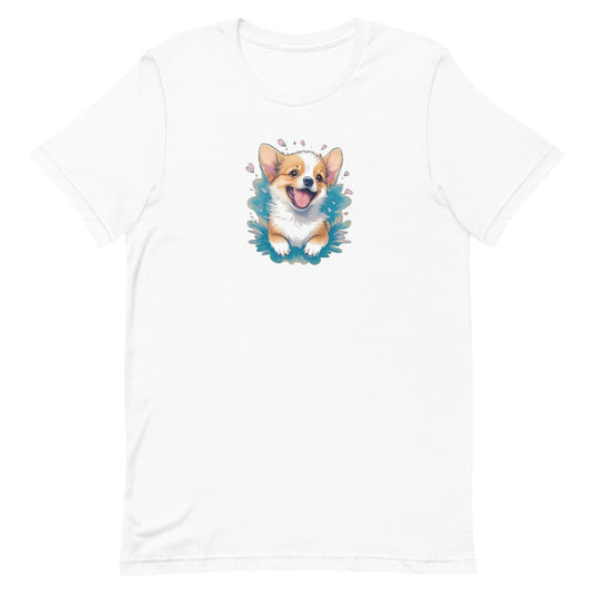 
White crew neck short sleeved t-shirt, boasts an intricate and colorful cute Corgi puppy, nestle in floral garden. 