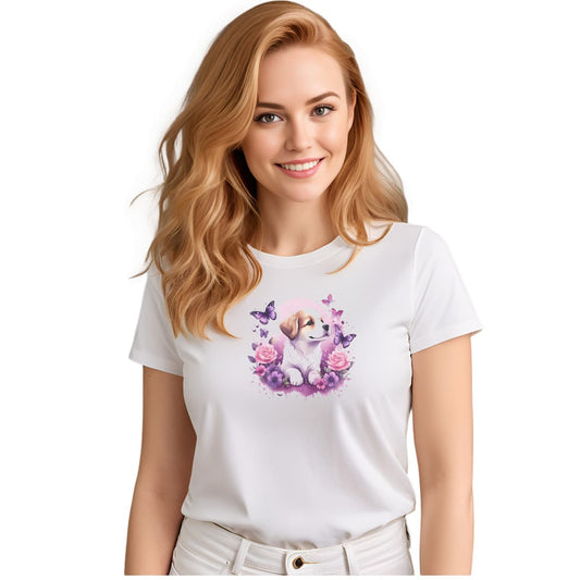 
White crew neck short sleeved t-shirt, showcase an adorable puppy nestled amidst a vibrant floral basket. Female model shown in close-up to highlight print and fit.