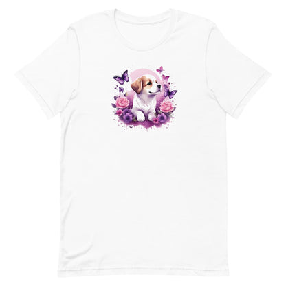 White crew neck short sleeved t-shirt, showcase an adorable puppy nestled amidst a vibrant floral basket