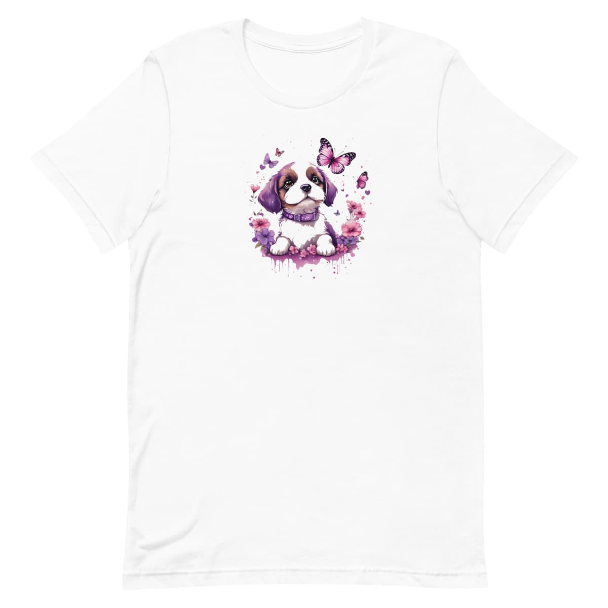 White crew neck short sleeved t-shirt, featuring an adorable puppy nestled amidst a wicker basket overflowing with vibrant blooms and fluttering butterflies.