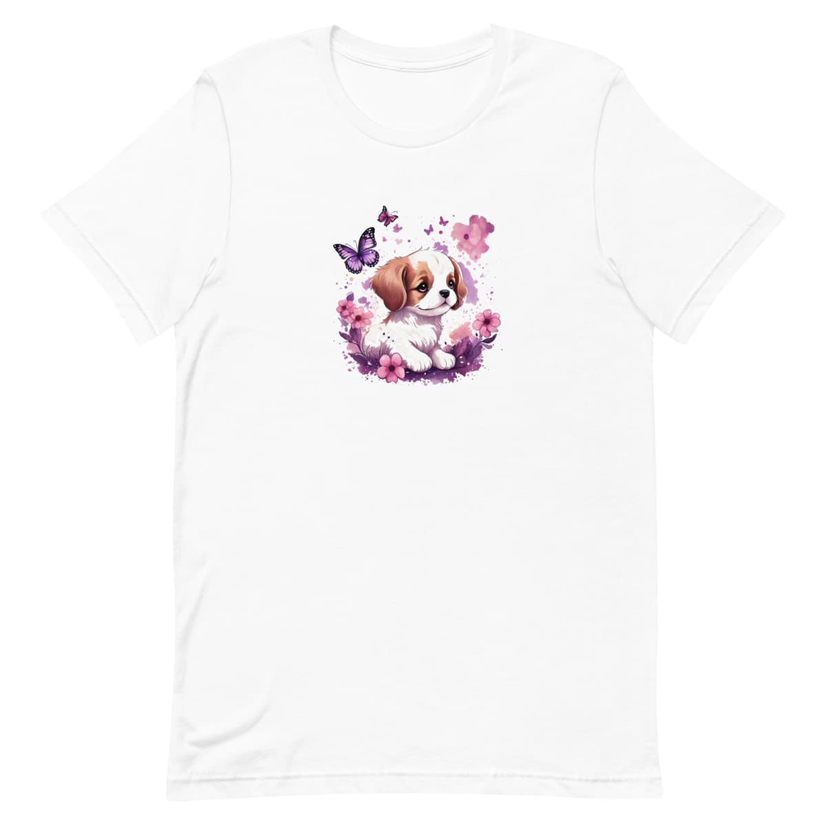 White crew neck short sleeved t-shirt, feature an irresistible, adorable puppy lounging amidst a flourishing tapestry of blossoms and butterflies, in a rustic wicker basket.