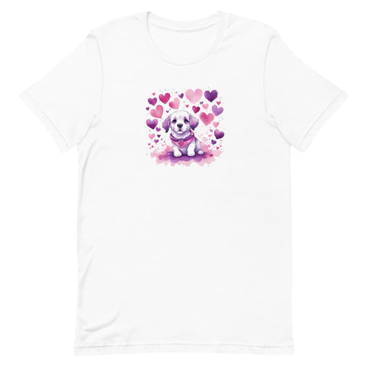 White crew neck short sleeved t-shirt. This cute shirt, radiate off colorful hearts,  and a standing happy puppy in warmth toned palette.