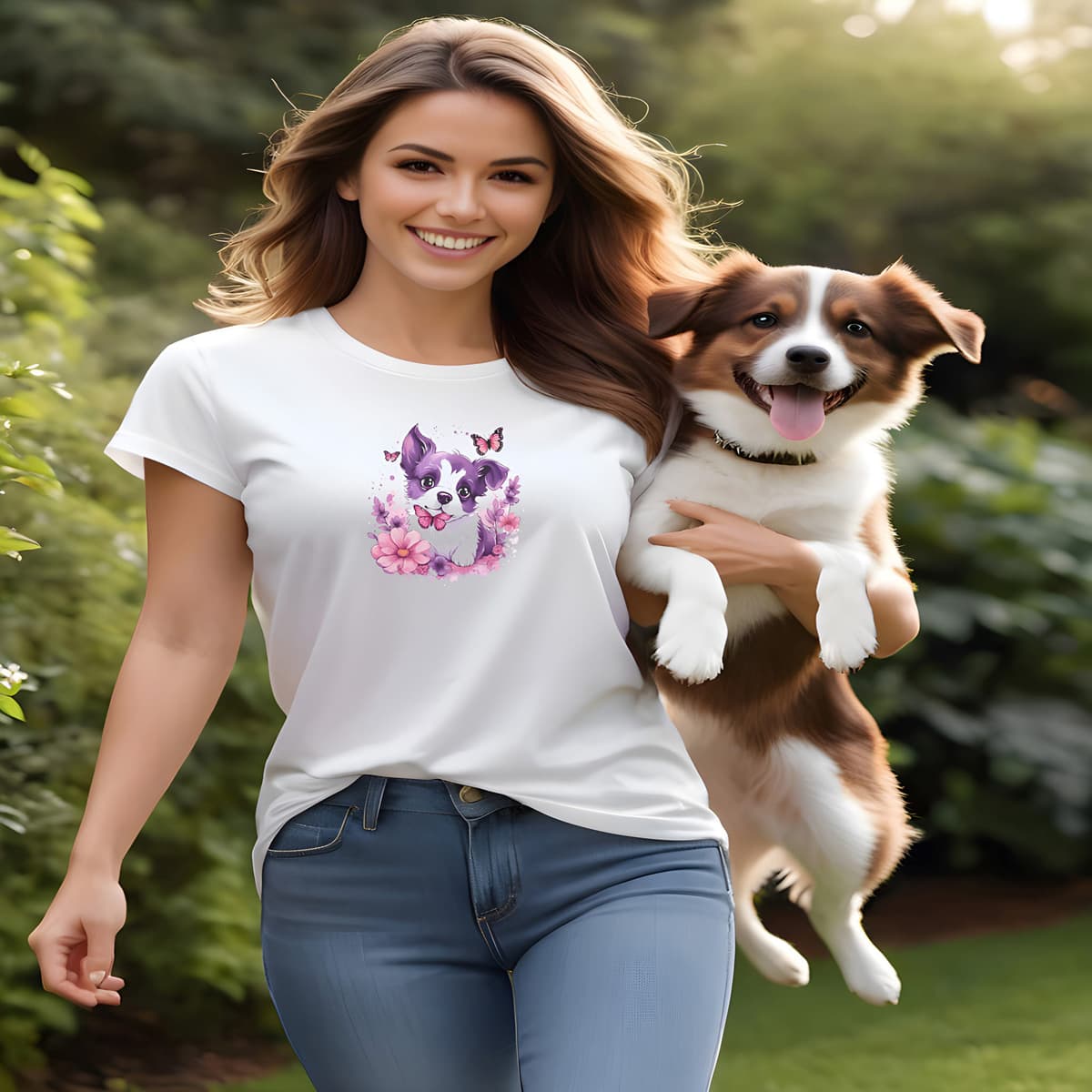 Women standing in a garden, holding a puppy. She is wearing a white crew neck short sleeved t-shirt, featuring an cute puppy nestled amidst a tapestry of blooms, in a rustic wicker basket.