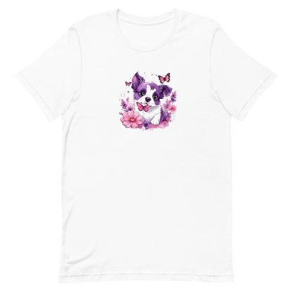White crew neck short sleeved t-shirt, featuring an cute puppy nestled amidst a tapestry of blooms, in a rustic wicker basket.