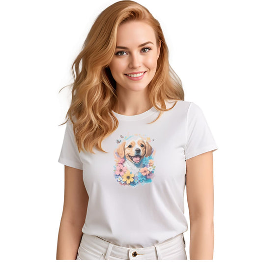 White crew neck short sleeved t-shirt, Feature a happy Golden Retriever puppy dog face, with a delight colorful floral wreath wrapping around. Female model shown in close-up to highlight print and fit.