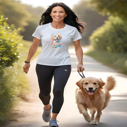 Women jogging, with a golden retriever. She is wearing a white crew neck short sleeved t-shirt, Feature a happy Golden Retriever puppy dog face, with a delight colorful floral wreath wrapping around.